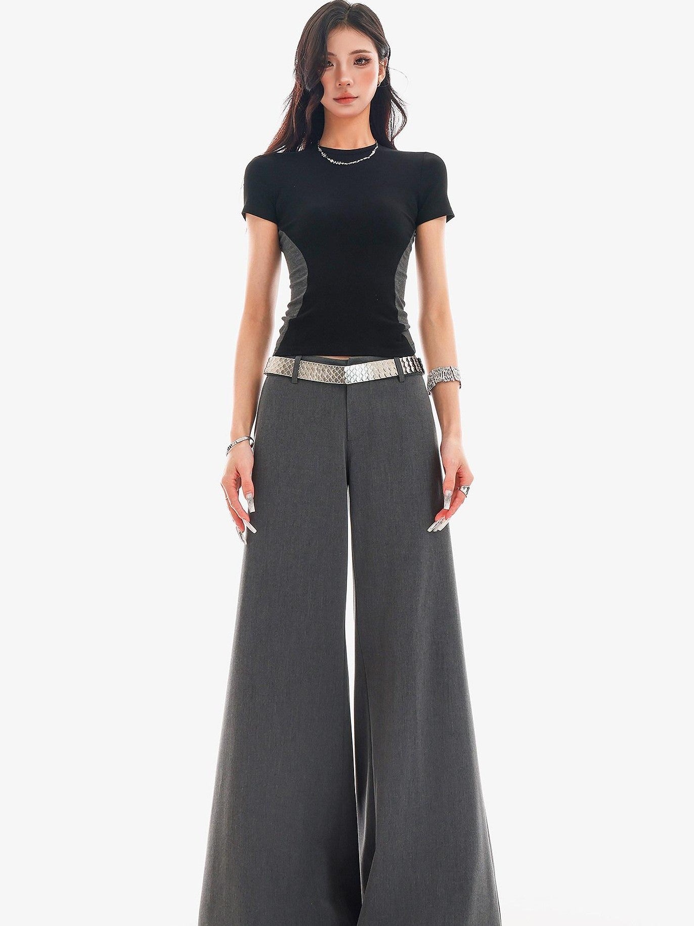 QIUQIU STUDIO Extra Long Slight Flare Loose Zipper Fly Solid Women&