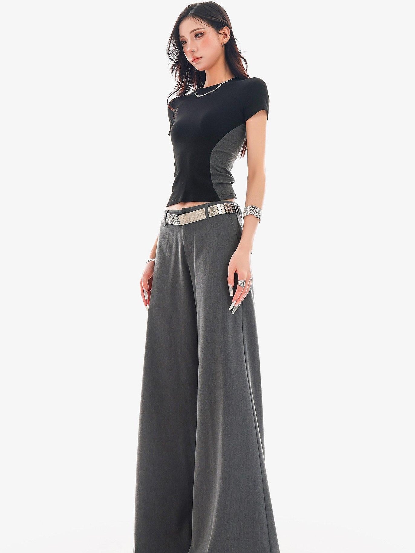 QIUQIU STUDIO Extra Long Slight Flare Loose Zipper Fly Solid Women&