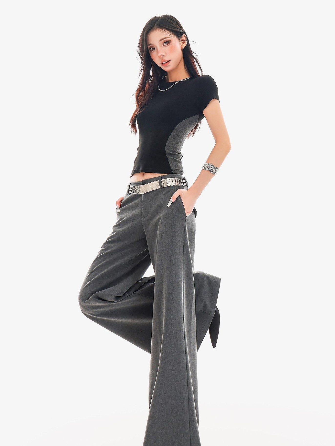 QIUQIU STUDIO Extra Long Slight Flare Loose Zipper Fly Solid Women&