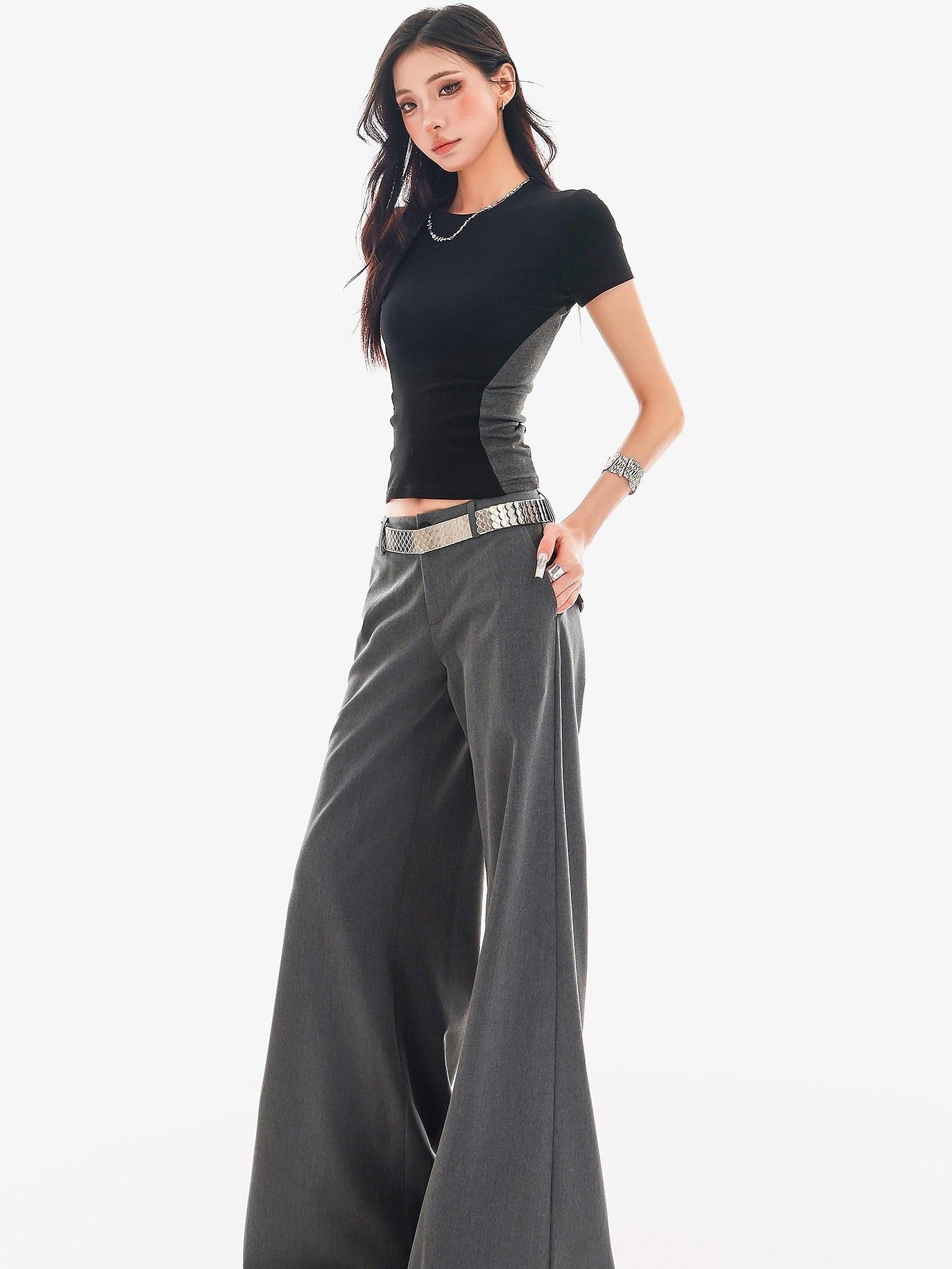 QIUQIU STUDIO Extra Long Slight Flare Loose Zipper Fly Solid Women&