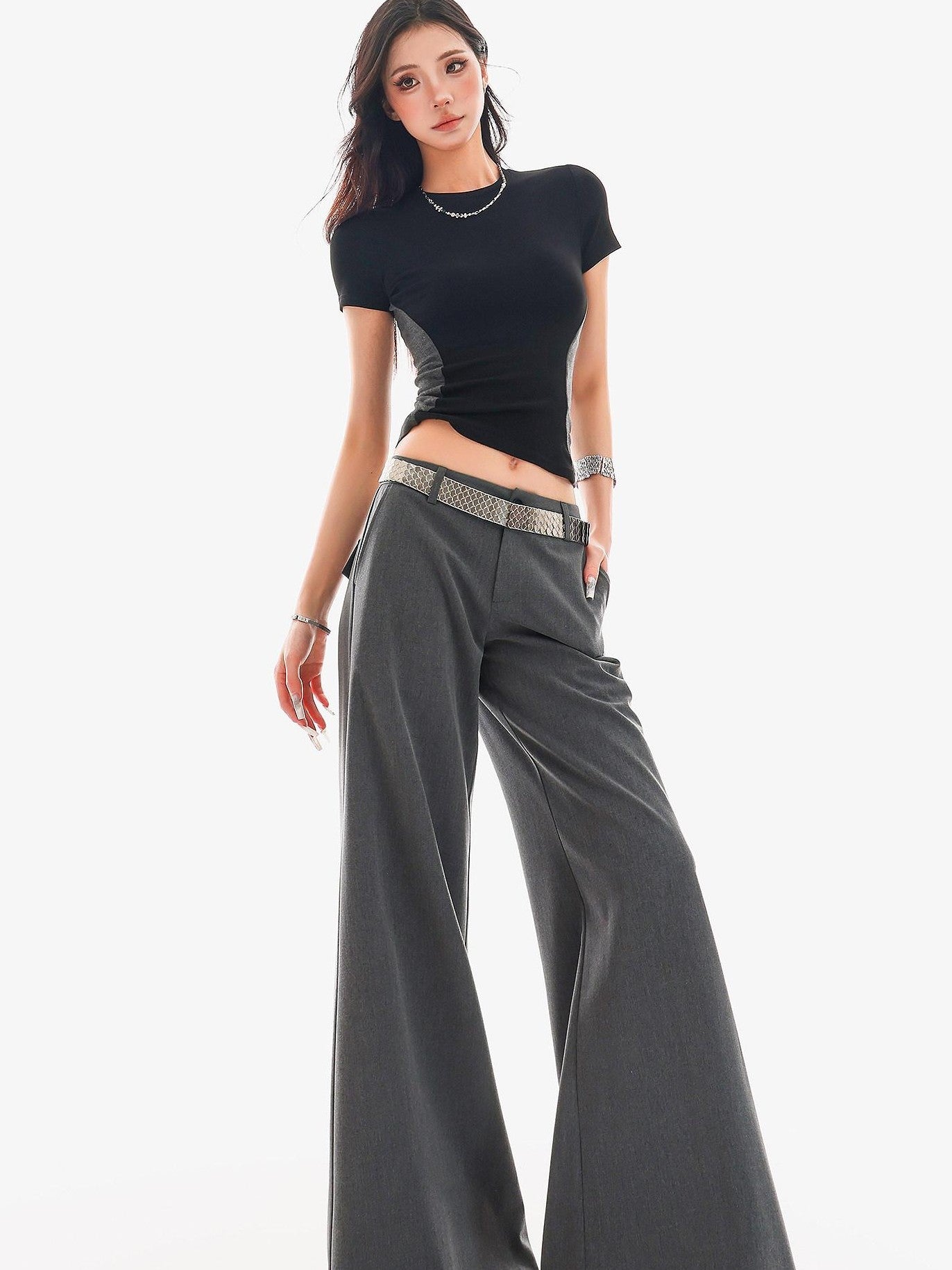 QIUQIU STUDIO Extra Long Slight Flare Loose Zipper Fly Solid Women&