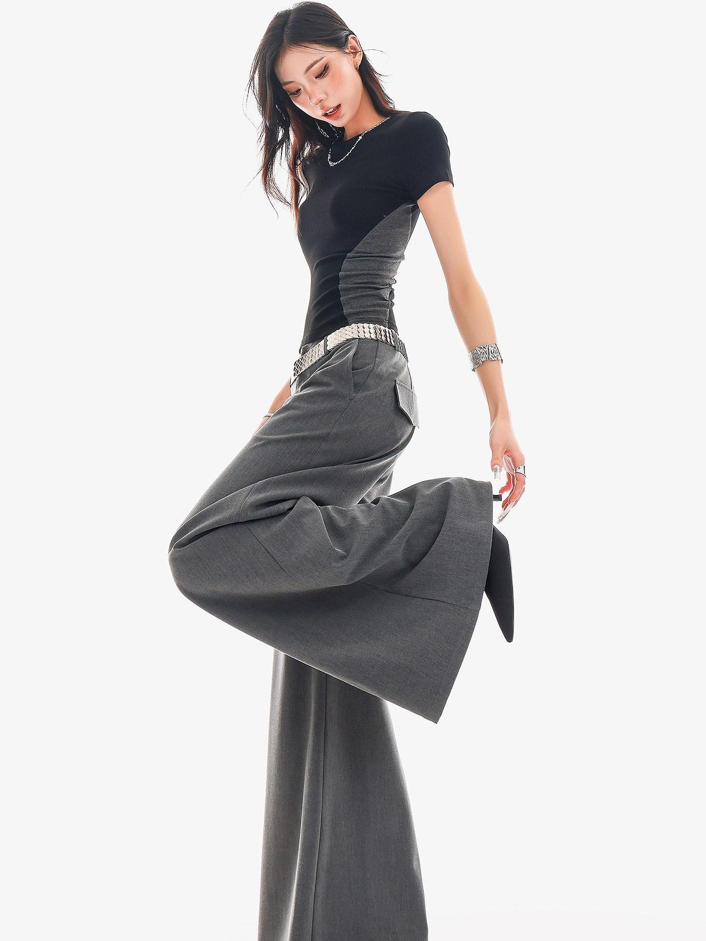 QIUQIU STUDIO Extra Long Slight Flare Loose Zipper Fly Solid Women&