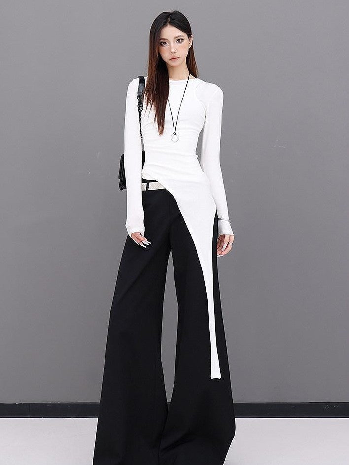 QIUQIU STUDIO Extra Long Slight Flare Loose Zipper Fly Solid Women&