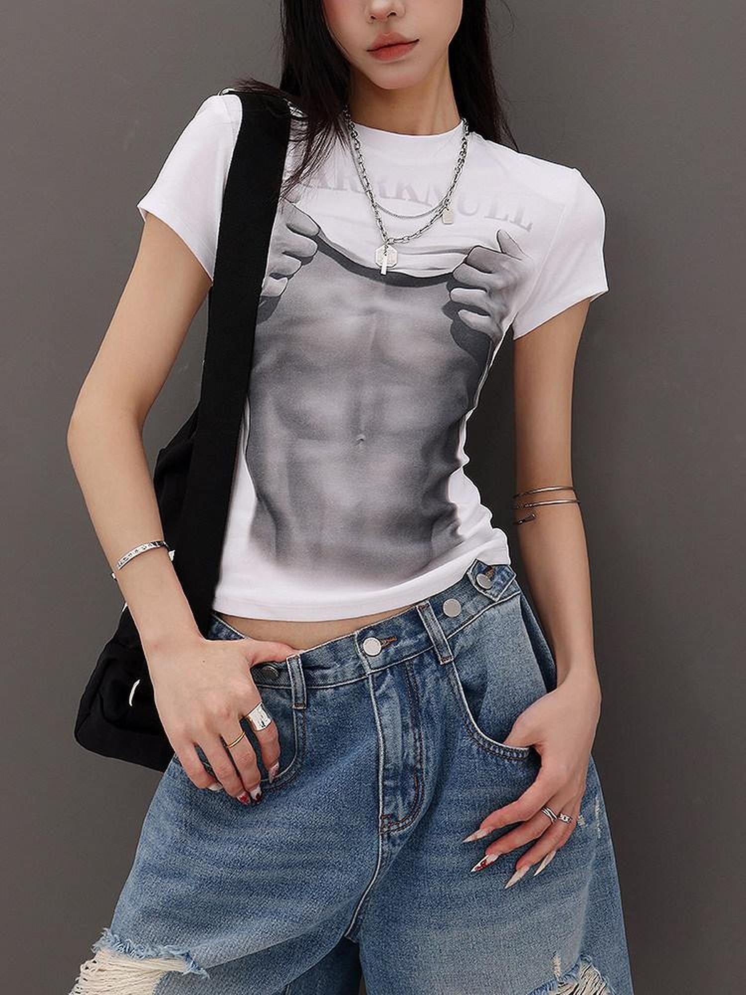 QIUQIU STUDIO Figure Print Crewneck Slim Fit Set In Shoulder Women&