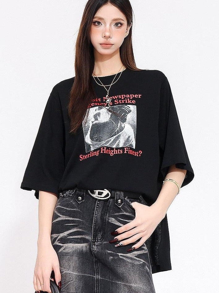 QIUQIU STUDIO Figure Print Side Slit Round Neck Women&