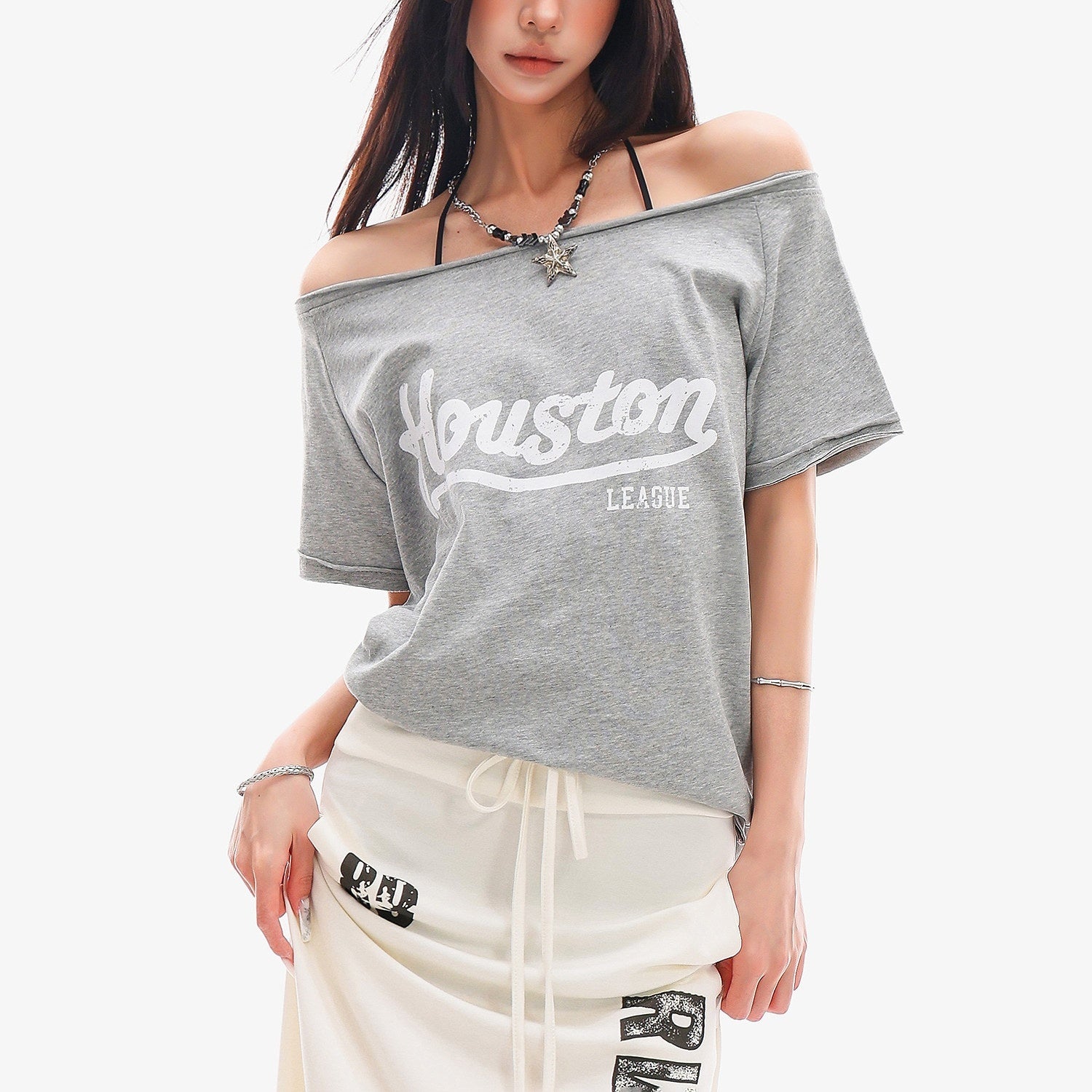 QIUQIU_STUDIO_Fitted_Letter_Print_One_Shoulder_Short_Sleeve_Women&