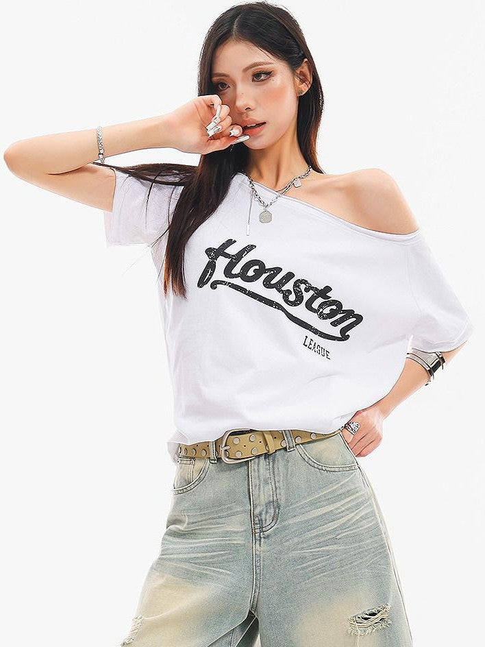 QIUQIU STUDIO Fitted Letter Print One Shoulder Short Sleeve Women&