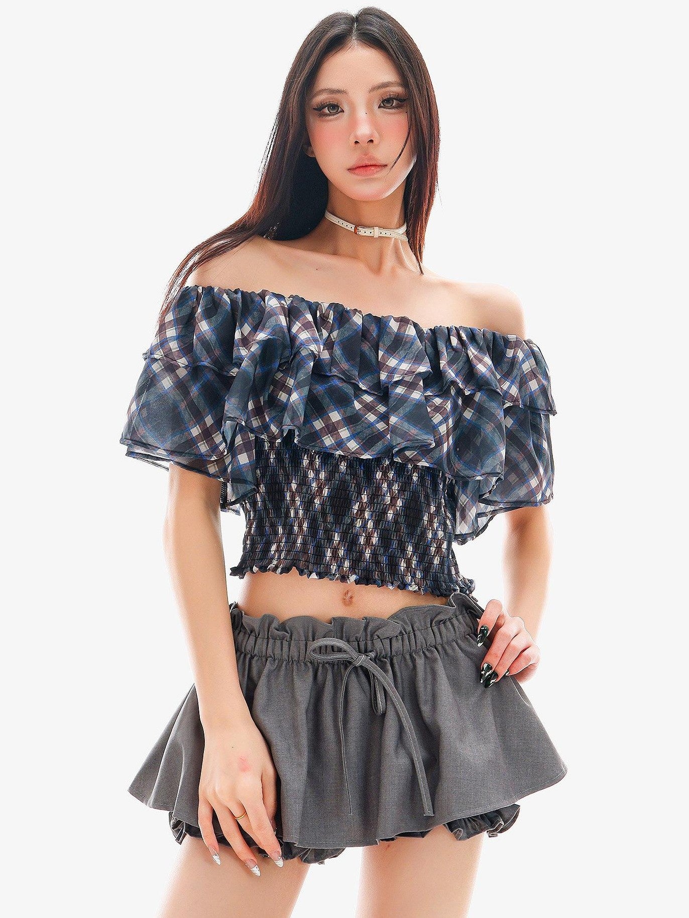 QIUQIU STUDIO Gingham Plaid Ruffle Off Shoulder Slim Fitted Printed Women&