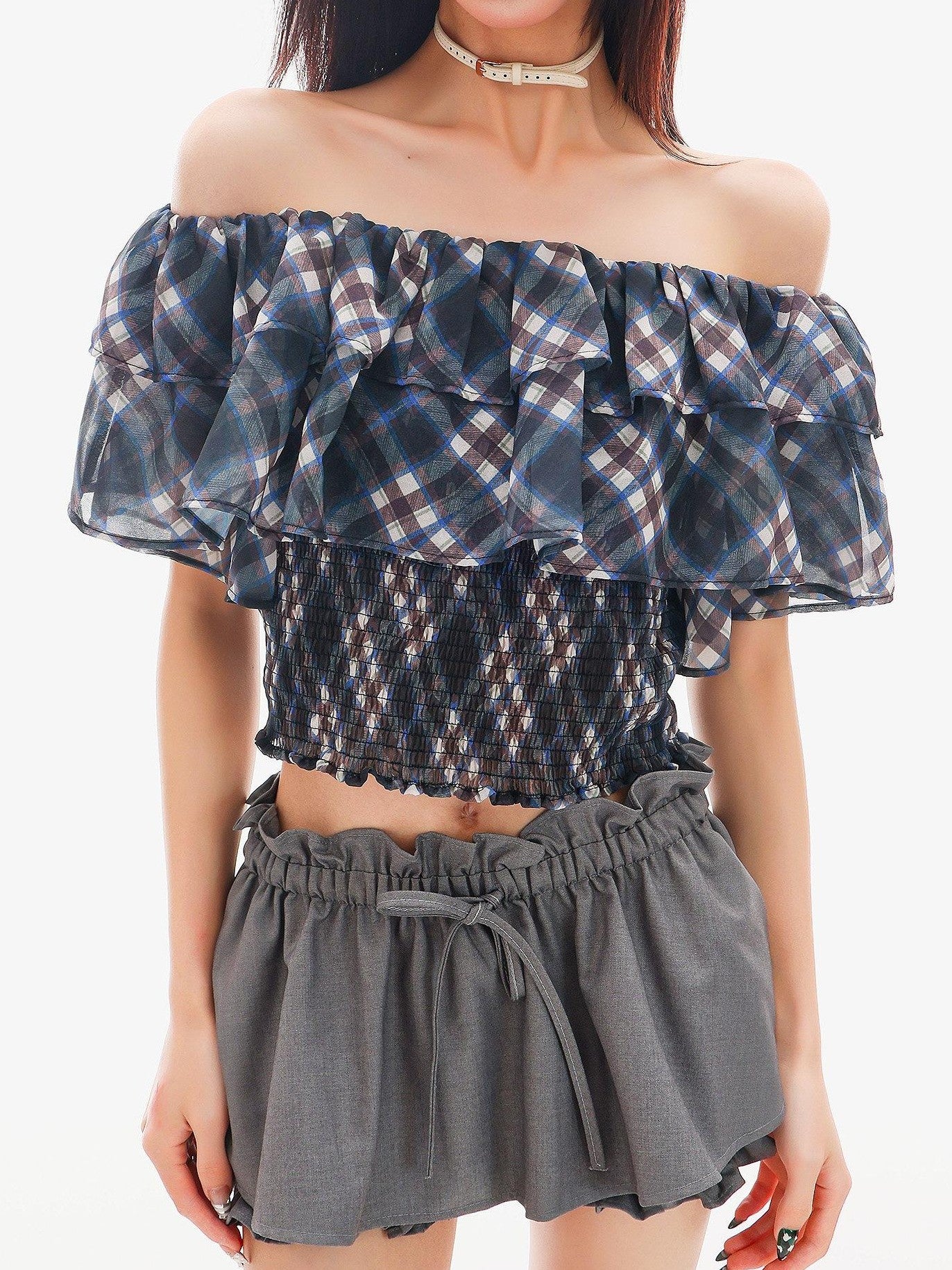 QIUQIU STUDIO Gingham Plaid Ruffle Off Shoulder Slim Fitted Printed Women&