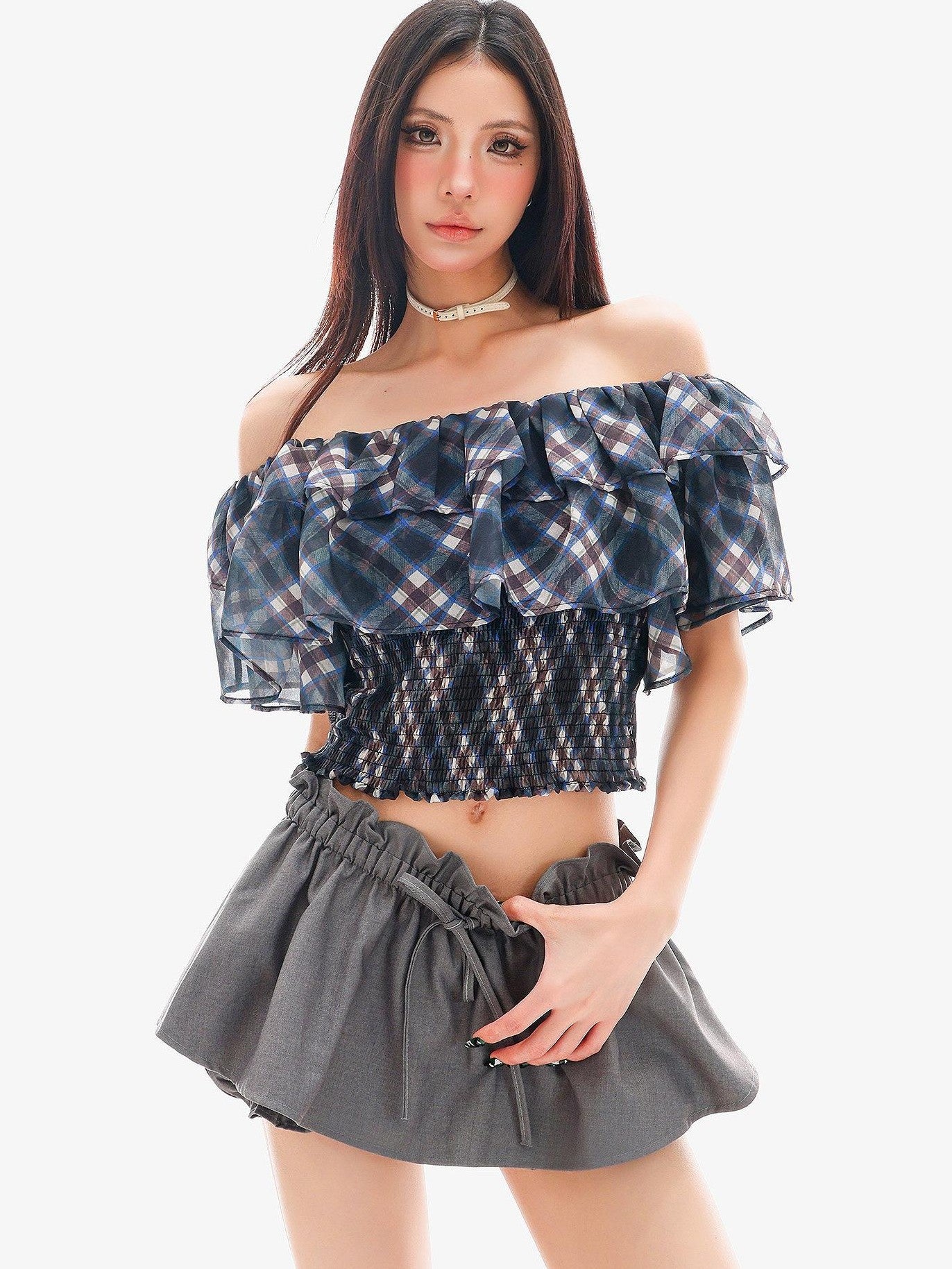 QIUQIU STUDIO Gingham Plaid Ruffle Off Shoulder Slim Fitted Printed Women&