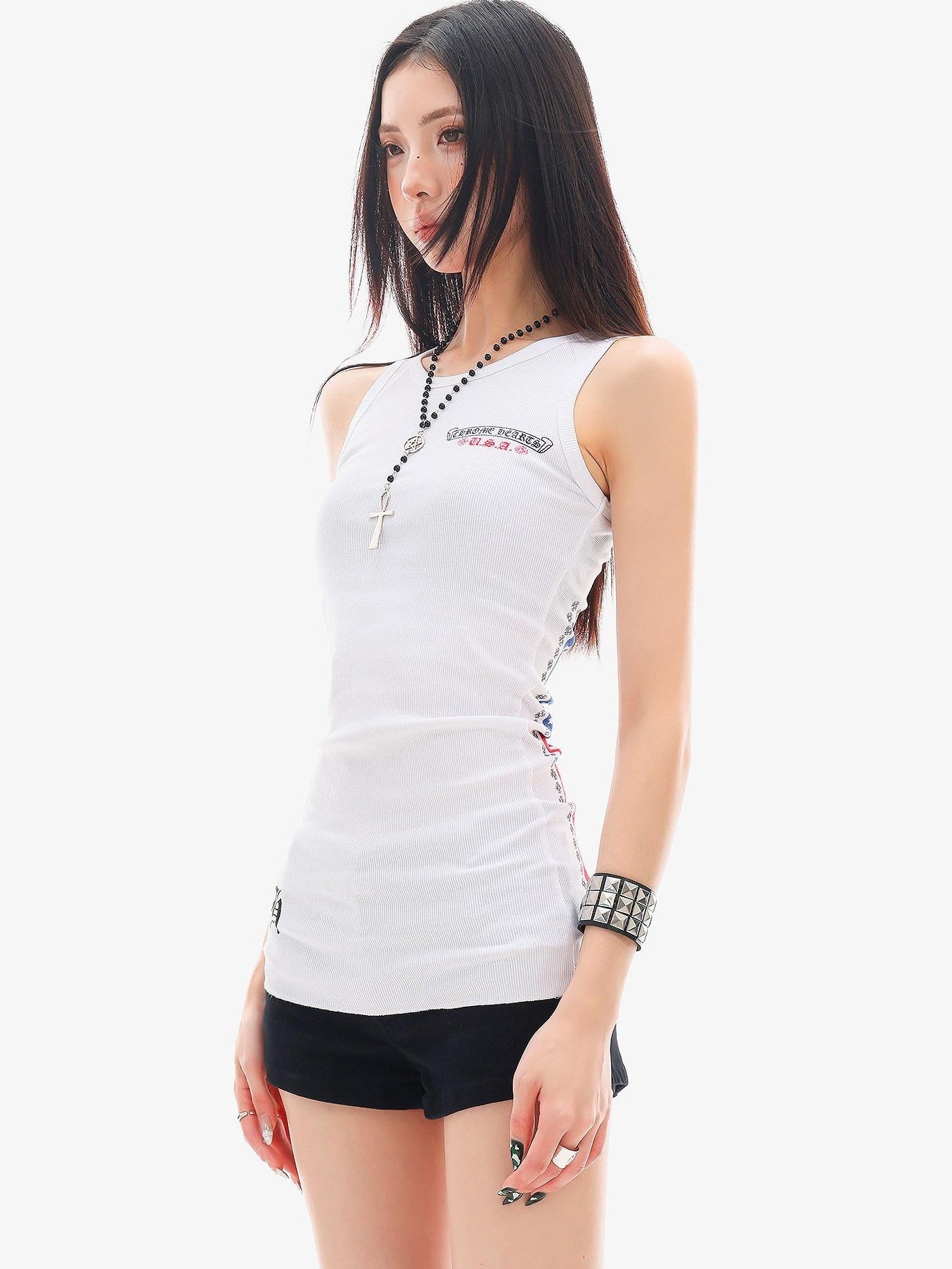 QIUQIU STUDIO Graffiti Letter And Red Lip Print Slim Crew Neck Women&