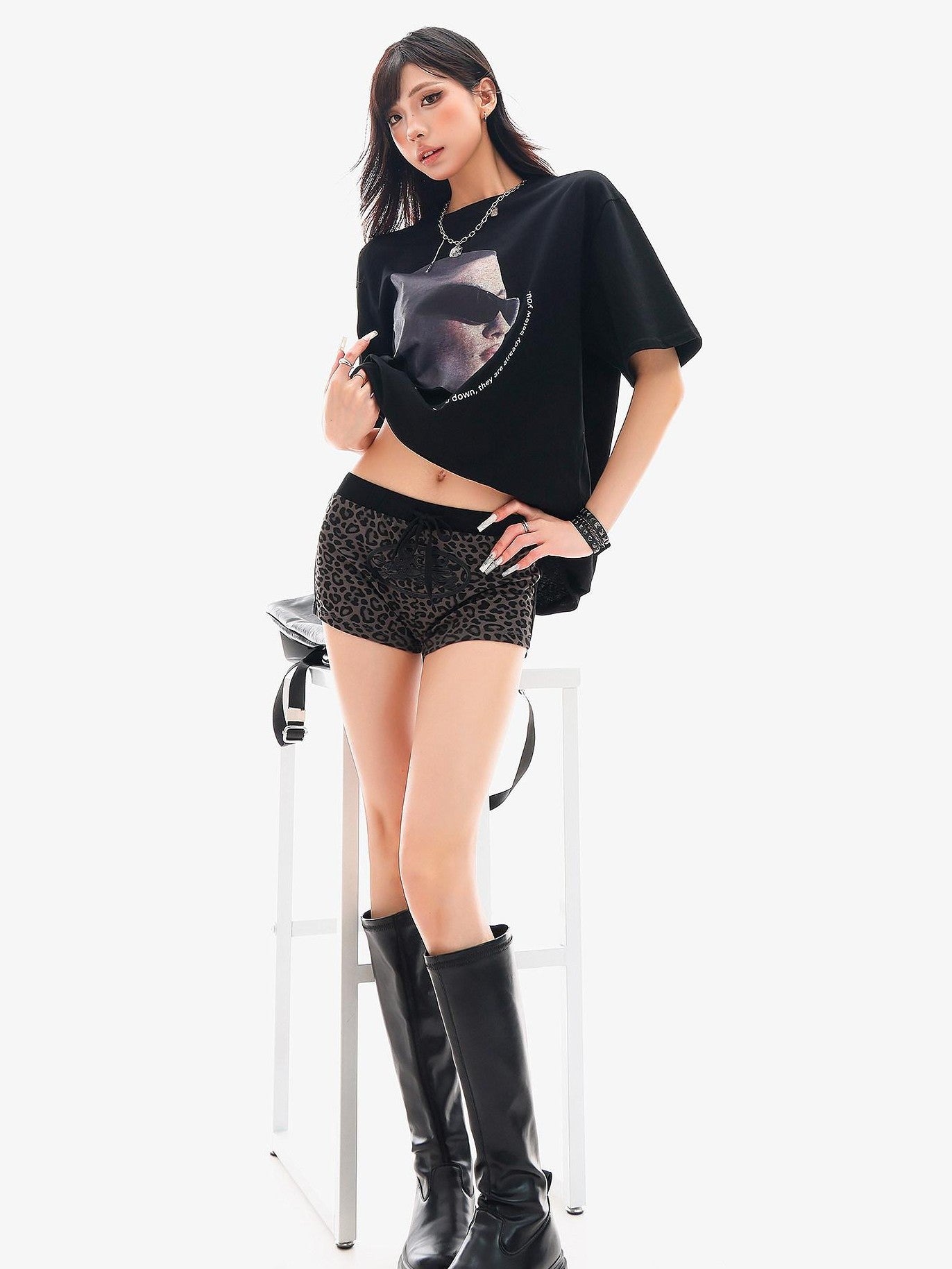 QIUQIU STUDIO Gray Leopard Print Tie Waist Elastic Hip Hugging Women&