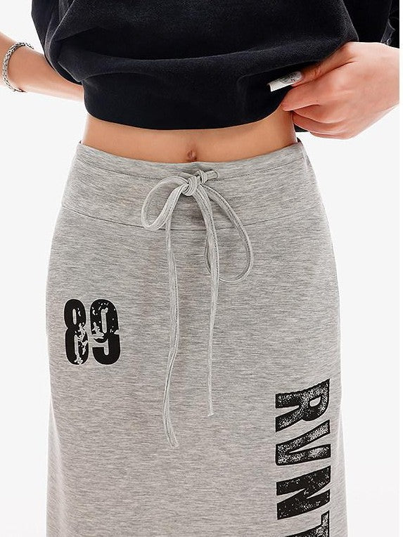 QIUQIU STUDIO Gray Letter Print Drawstring Mid Waist Women&