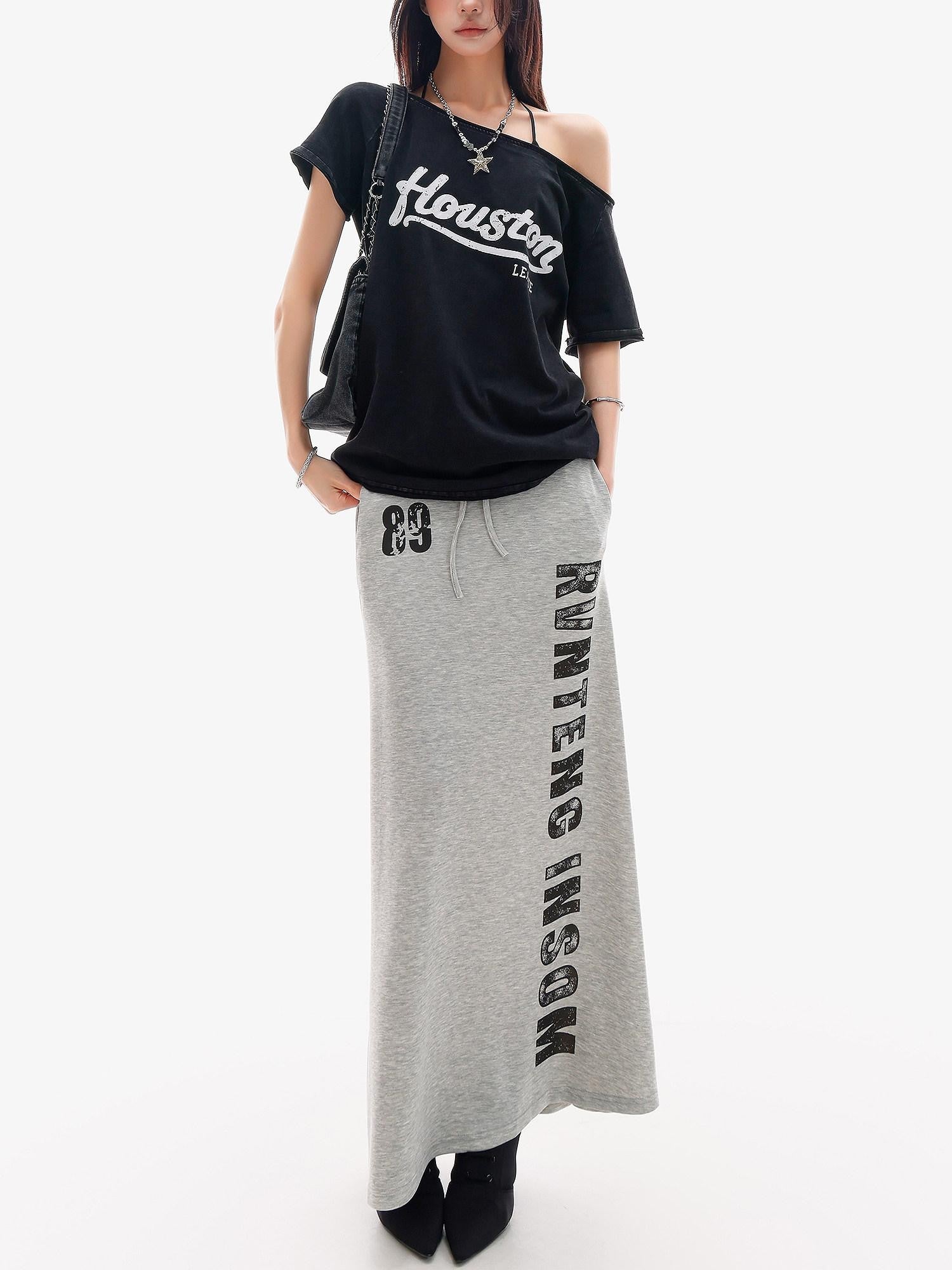 QIUQIU STUDIO Gray Letter Print Drawstring Mid Waist Women&