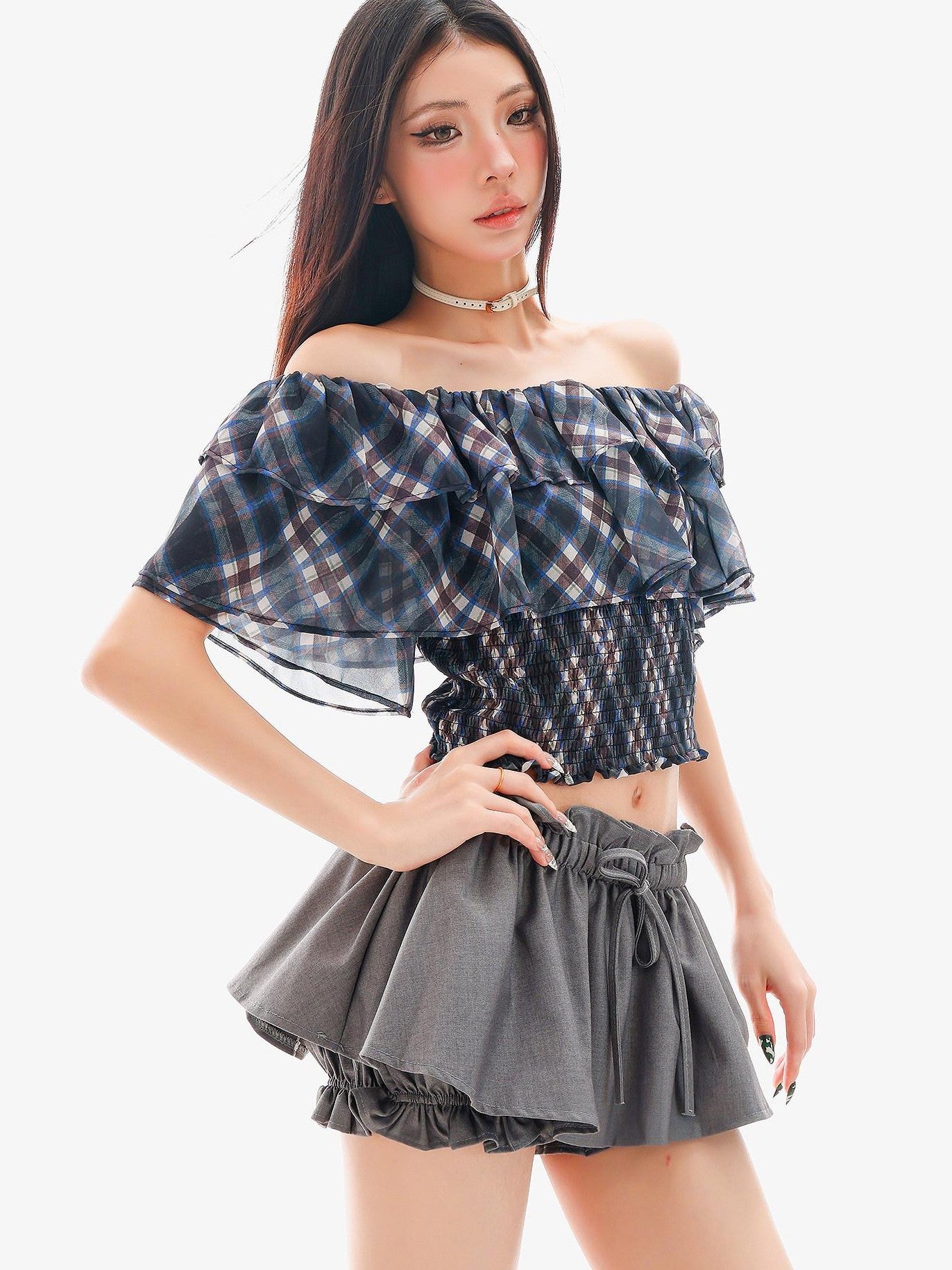 QIUQIU STUDIO Gray Ruched Solid Drawstring Bubble Hem Women&