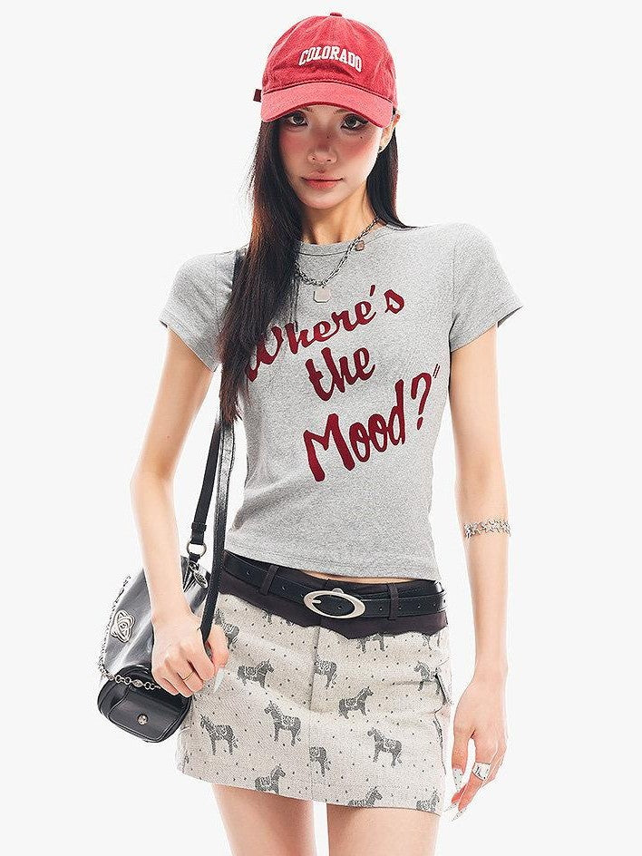 QIUQIU STUDIO Grey Black White Letter Print Crewneck Slim Fit Short Sleeve Women&
