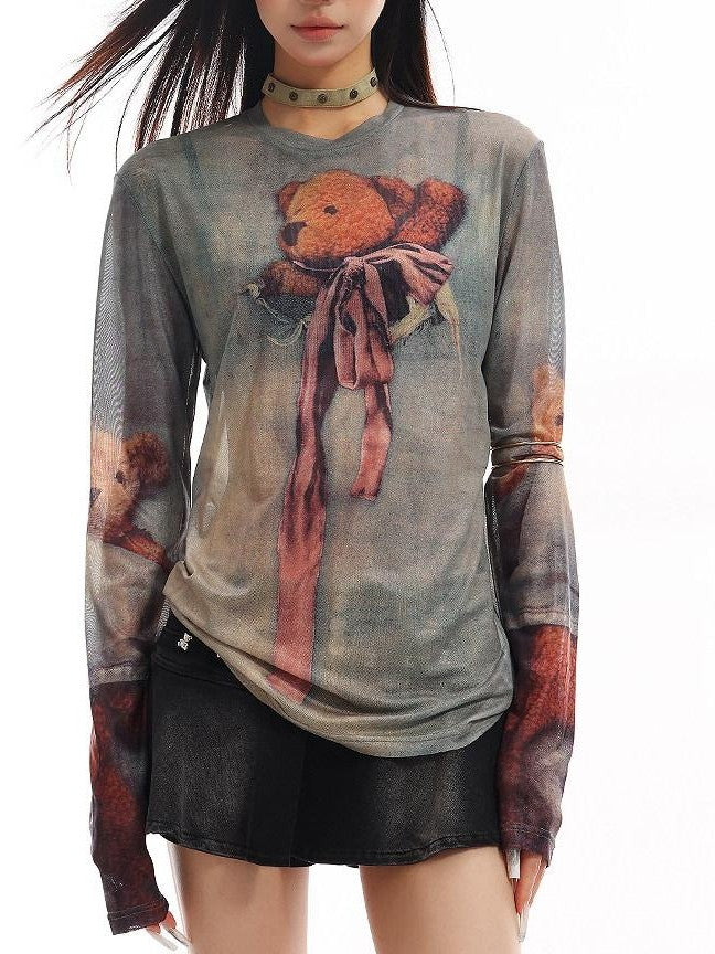 QIUQIU STUDIO Grey Sheer Bear Print Round Neck Women&