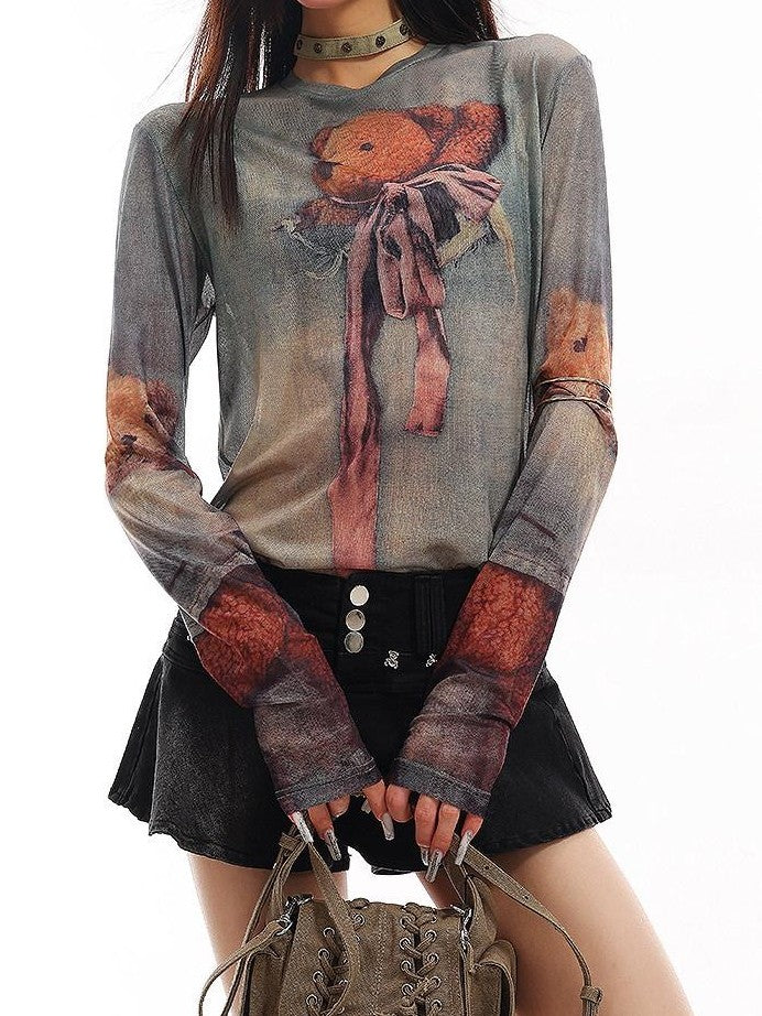 QIUQIU STUDIO Grey Sheer Bear Print Round Neck Women&