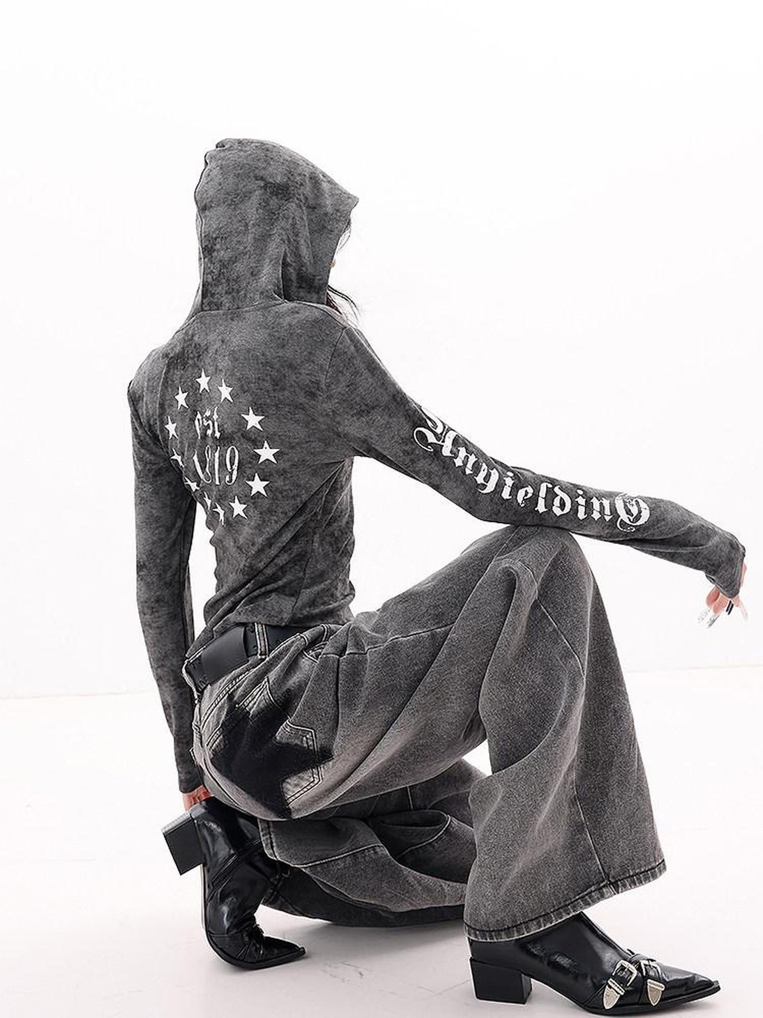 QIUQIU STUDIO Hooded Letter Print Slim Fit Cinched Waist Women&