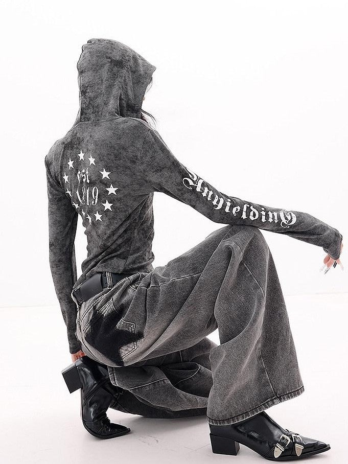QIUQIU STUDIO Hooded Letter Print Slim Fit Cinched Waist Women&