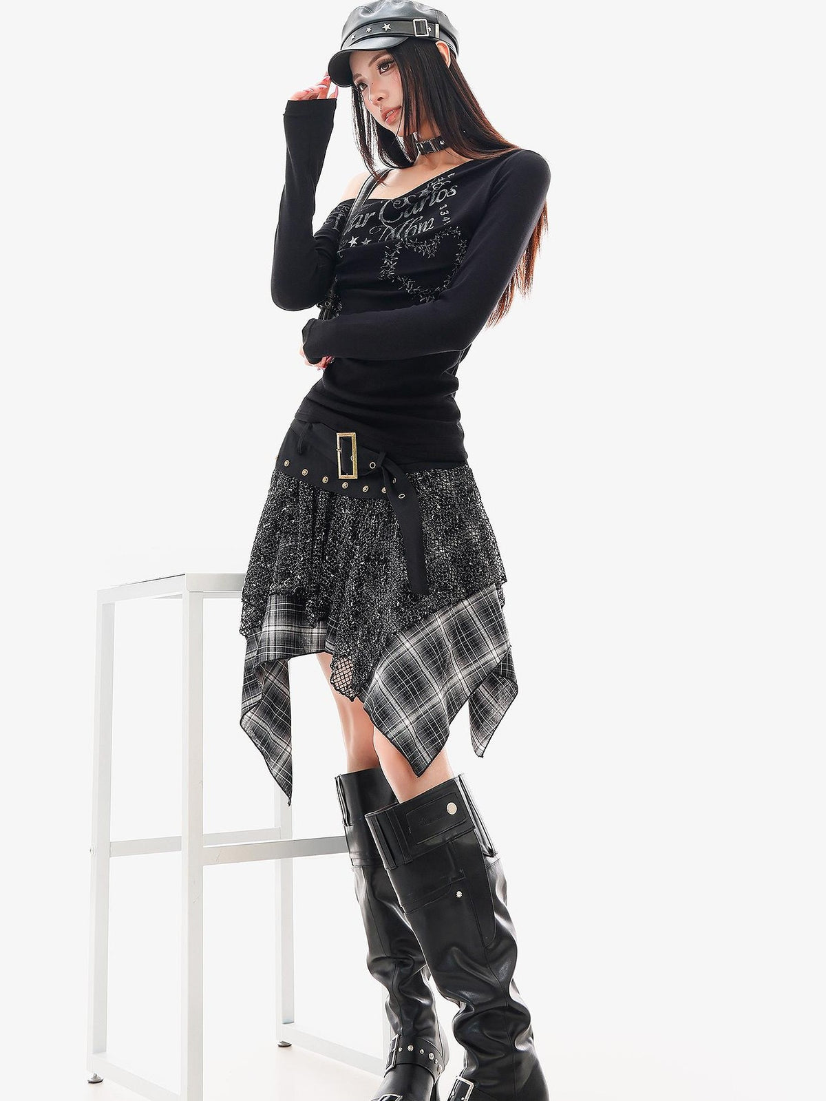 QIUQIU STUDIO Irregular Plaid Color Block Patchwork A Line Women&