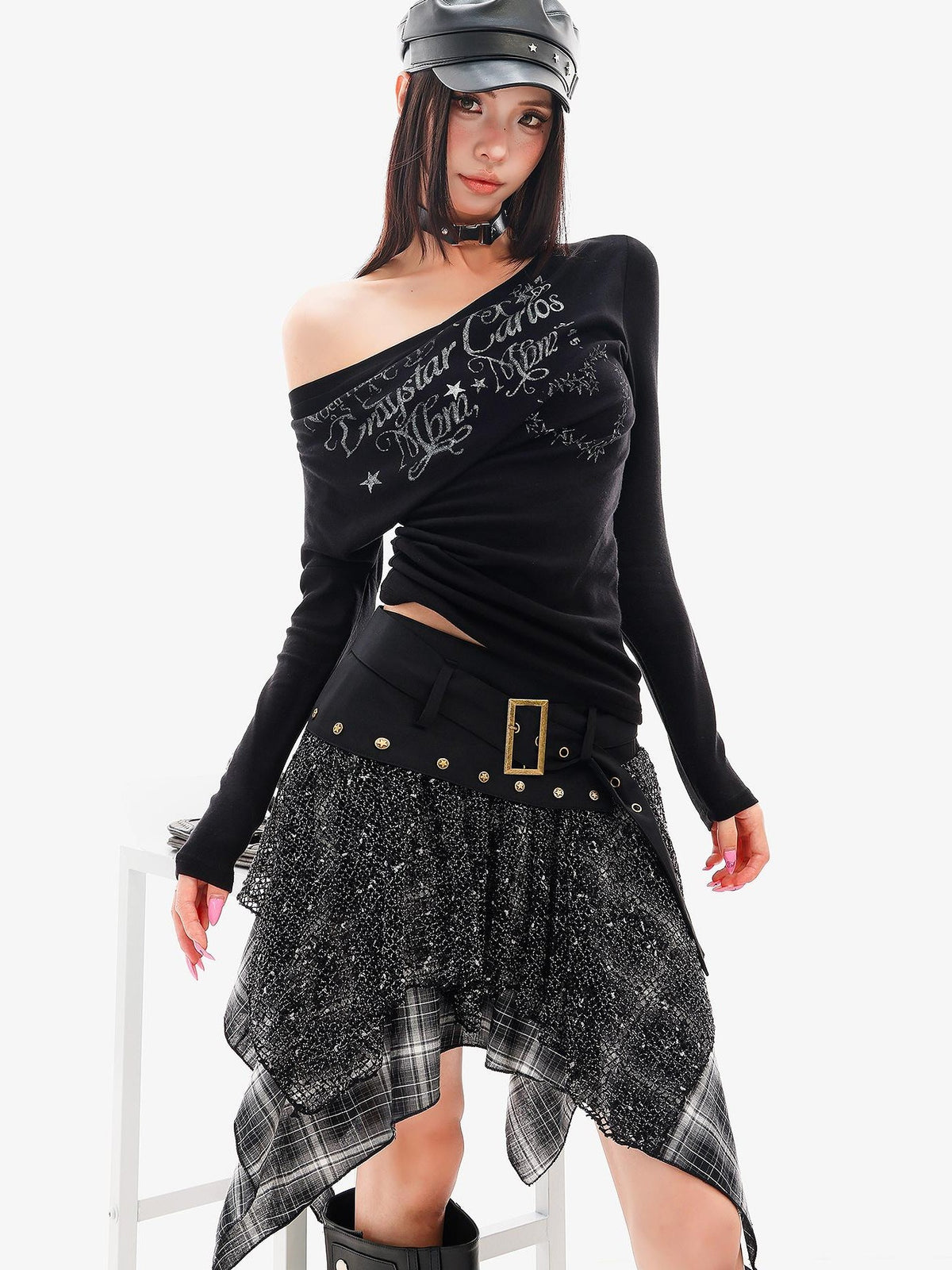 QIUQIU STUDIO Irregular Plaid Color Block Patchwork A Line Women&