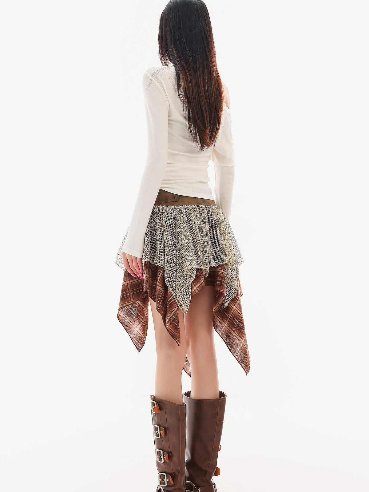 QIUQIU STUDIO Irregular Plaid Color Block Patchwork A Line Women&