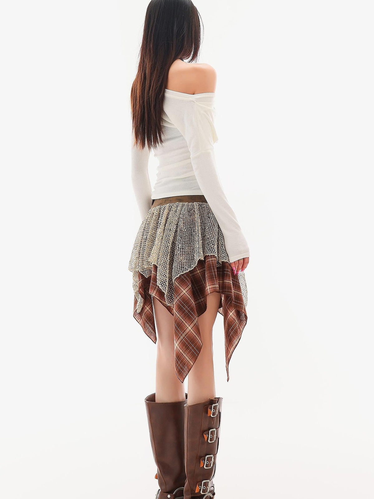 QIUQIU STUDIO Irregular Plaid Color Block Patchwork A Line Women&