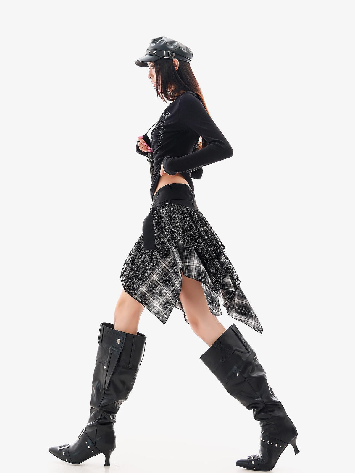 QIUQIU STUDIO Irregular Plaid Color Block Patchwork A Line Women&
