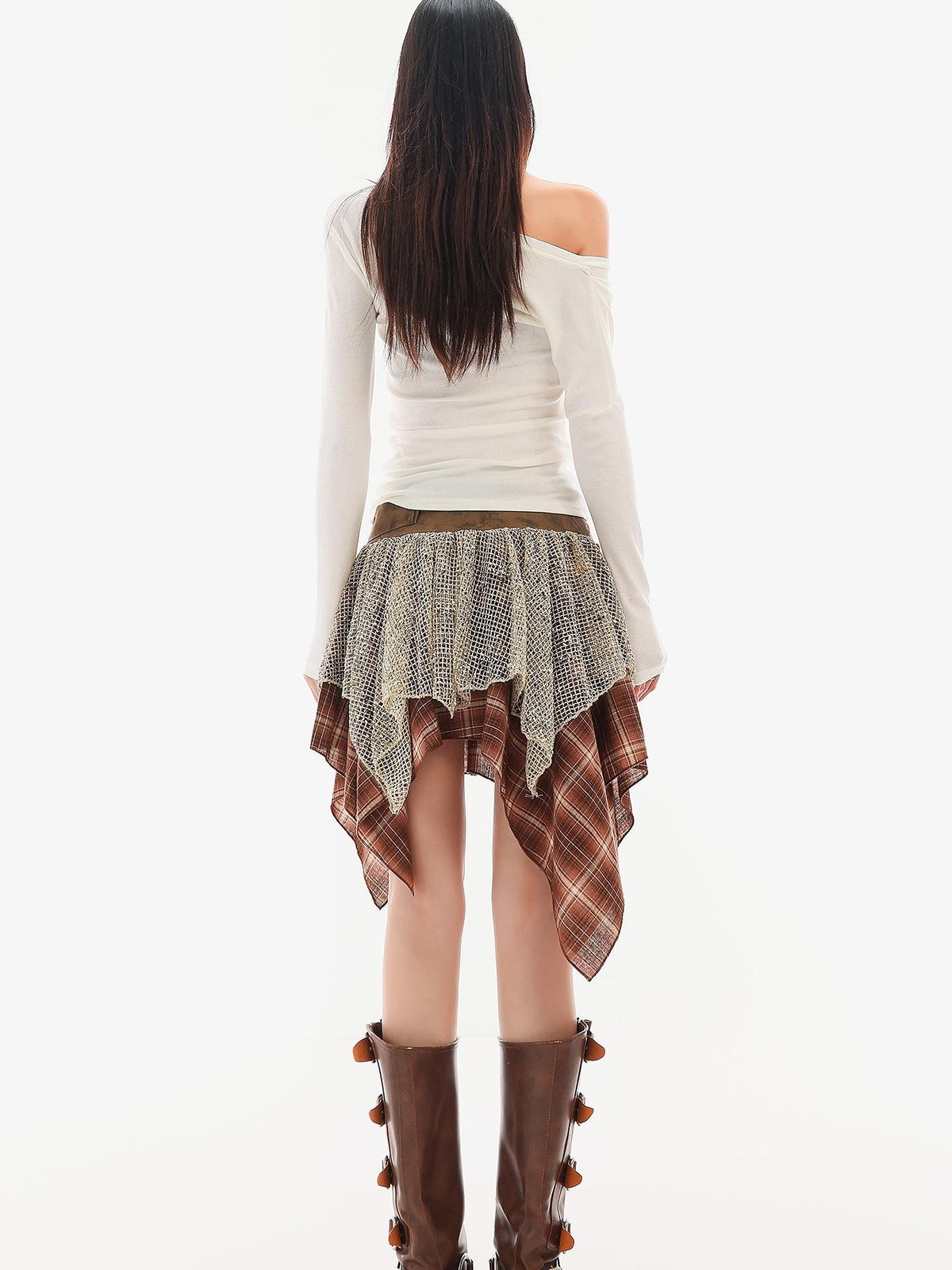 QIUQIU STUDIO Irregular Plaid Color Block Patchwork A Line Women&