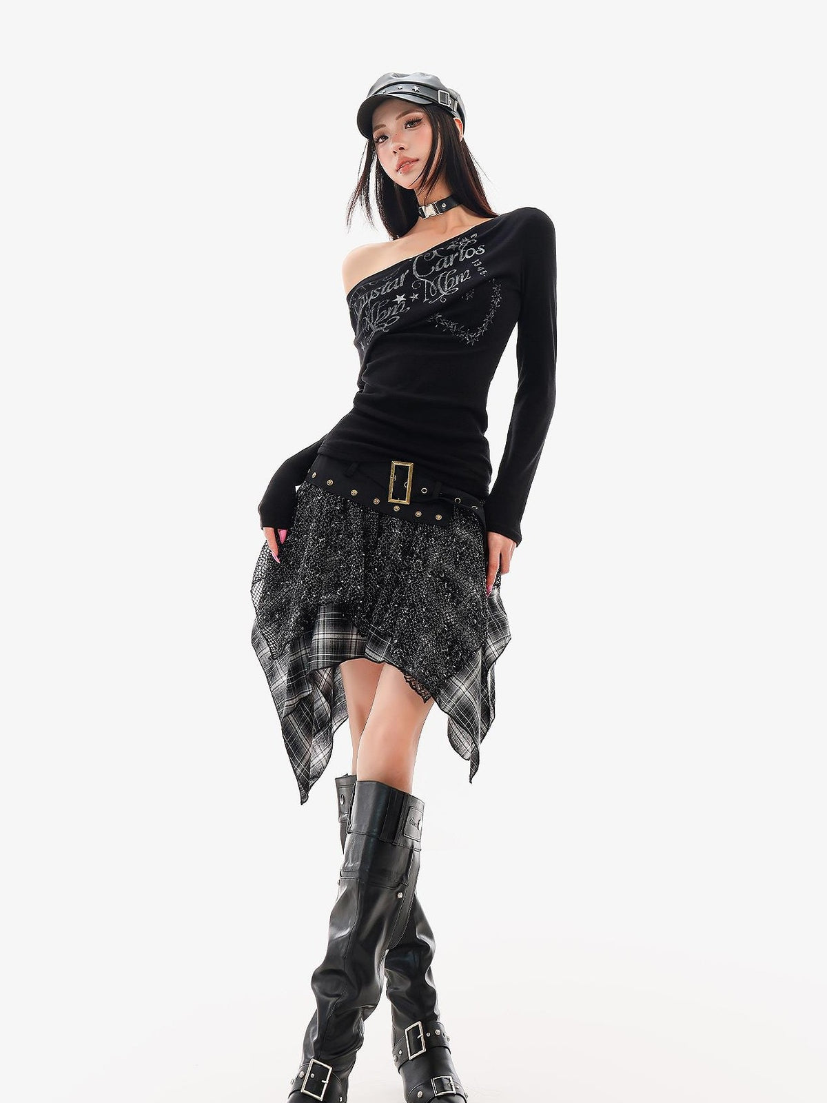 QIUQIU STUDIO Irregular Plaid Color Block Patchwork A Line Women&