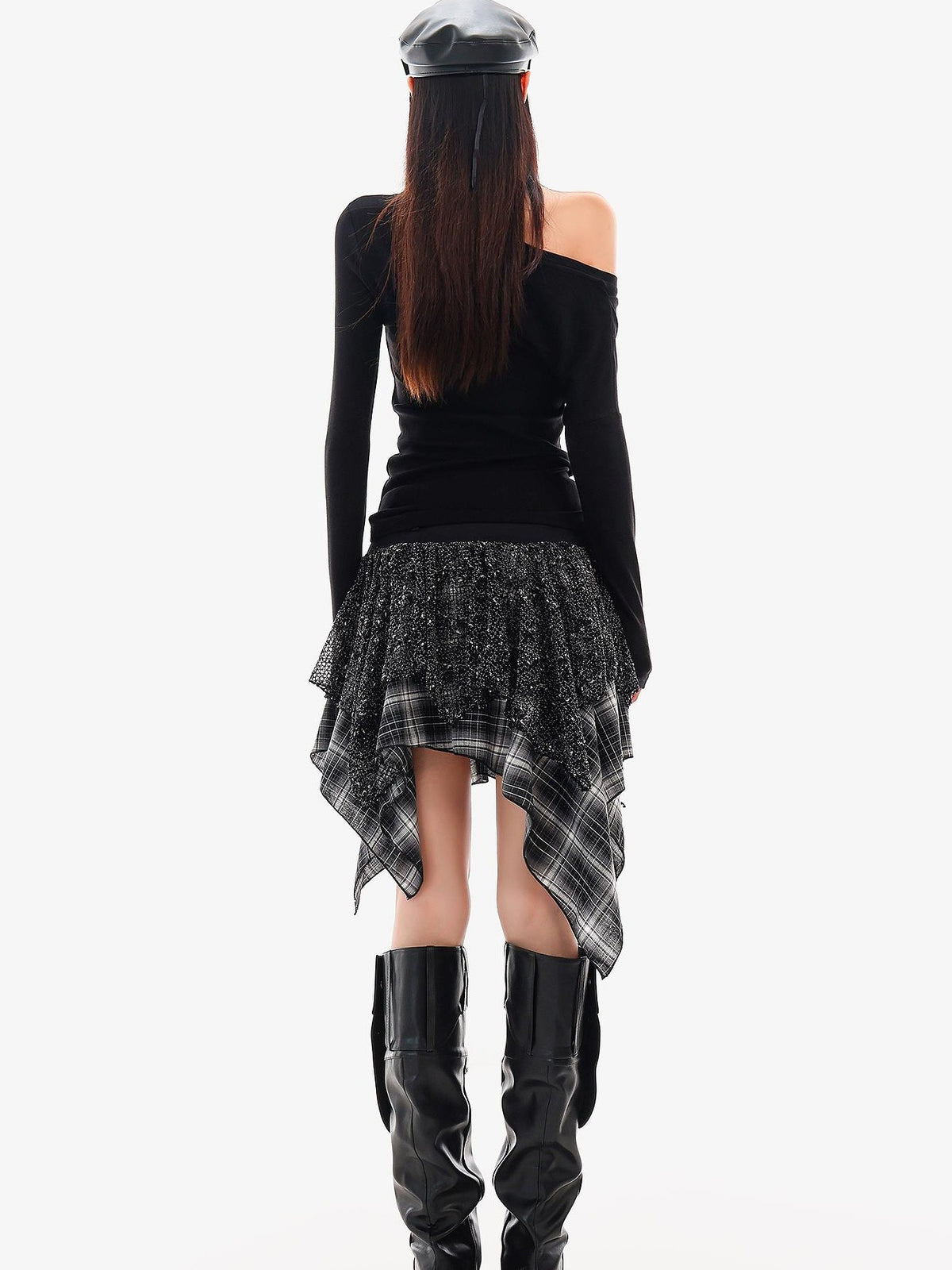 QIUQIU STUDIO Irregular Plaid Color Block Patchwork A Line Women&