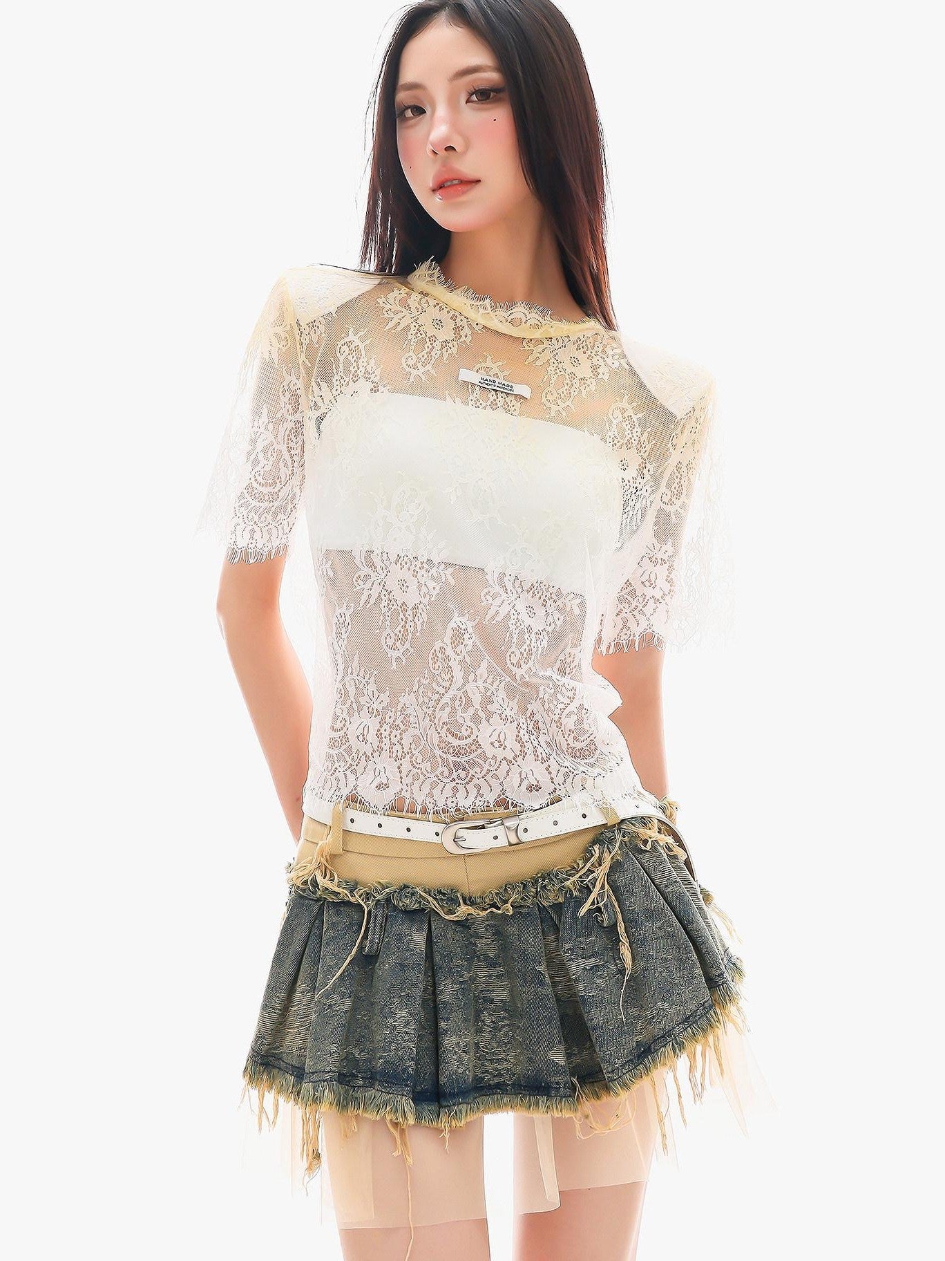 QIUQIU STUDIO Lace Trim Cutout Sheer Slim Fit Women&