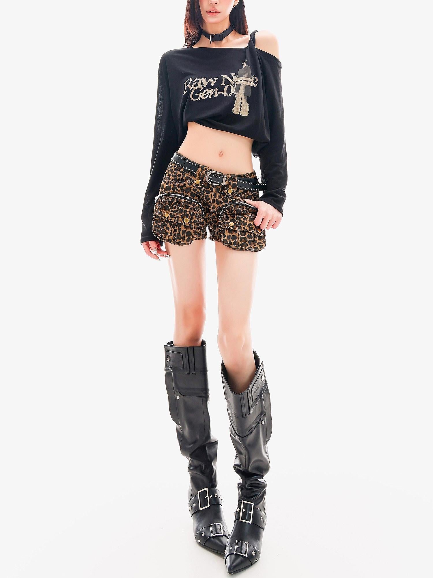 QIUQIU STUDIO Leopard Print Cargo Pocket Zipper Slim Fit Tight Women&