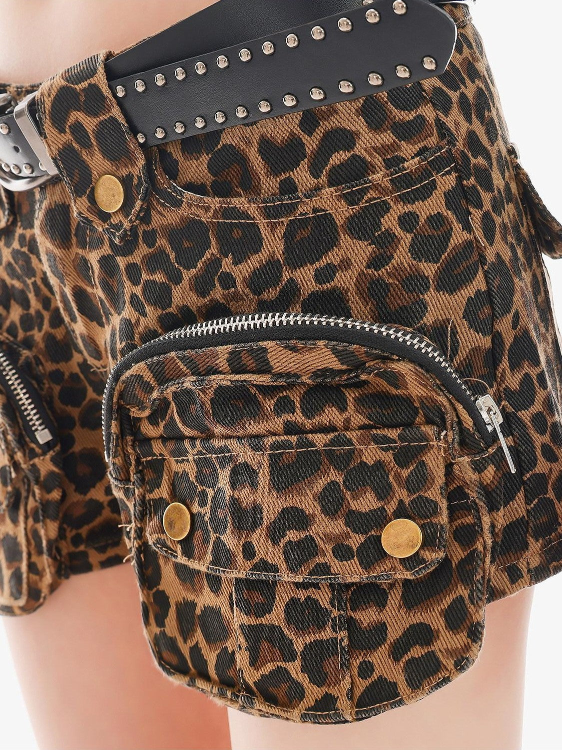 QIUQIU STUDIO Leopard Print Cargo Pocket Zipper Slim Fit Tight Women&