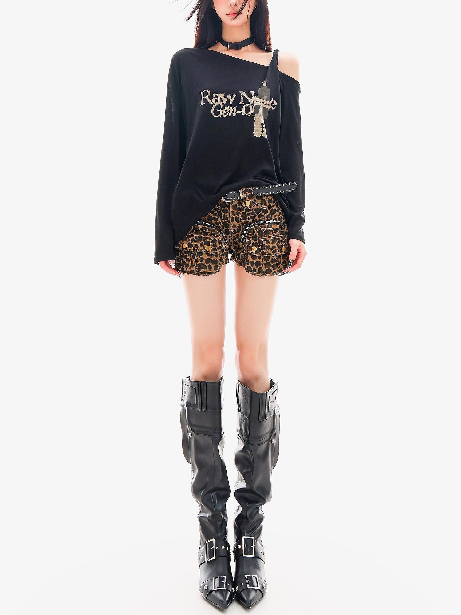 QIUQIU STUDIO Leopard Print Cargo Pocket Zipper Slim Fit Tight Women&