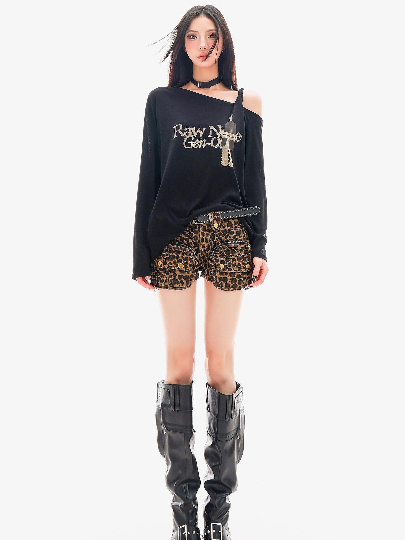QIUQIU STUDIO Leopard Print Cargo Pocket Zipper Slim Fit Tight Women&