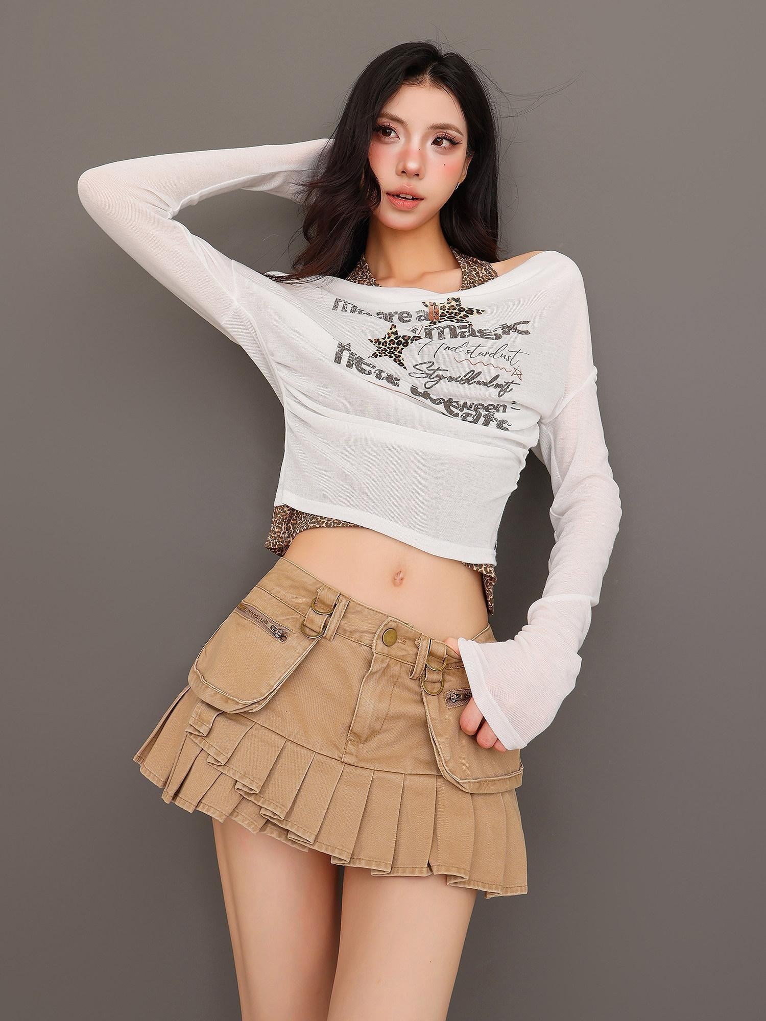 QIUQIU STUDIO Leopard Print Faux Two Piece Halter Crop Slim Women&