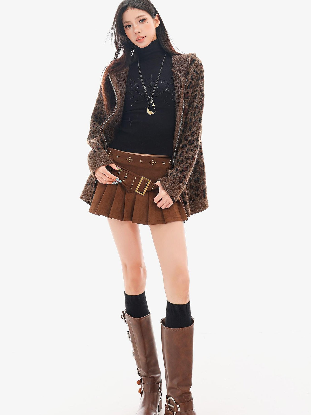 QIUQIU STUDIO Leopard Print Hooded Zip Up Loose Fit Women&