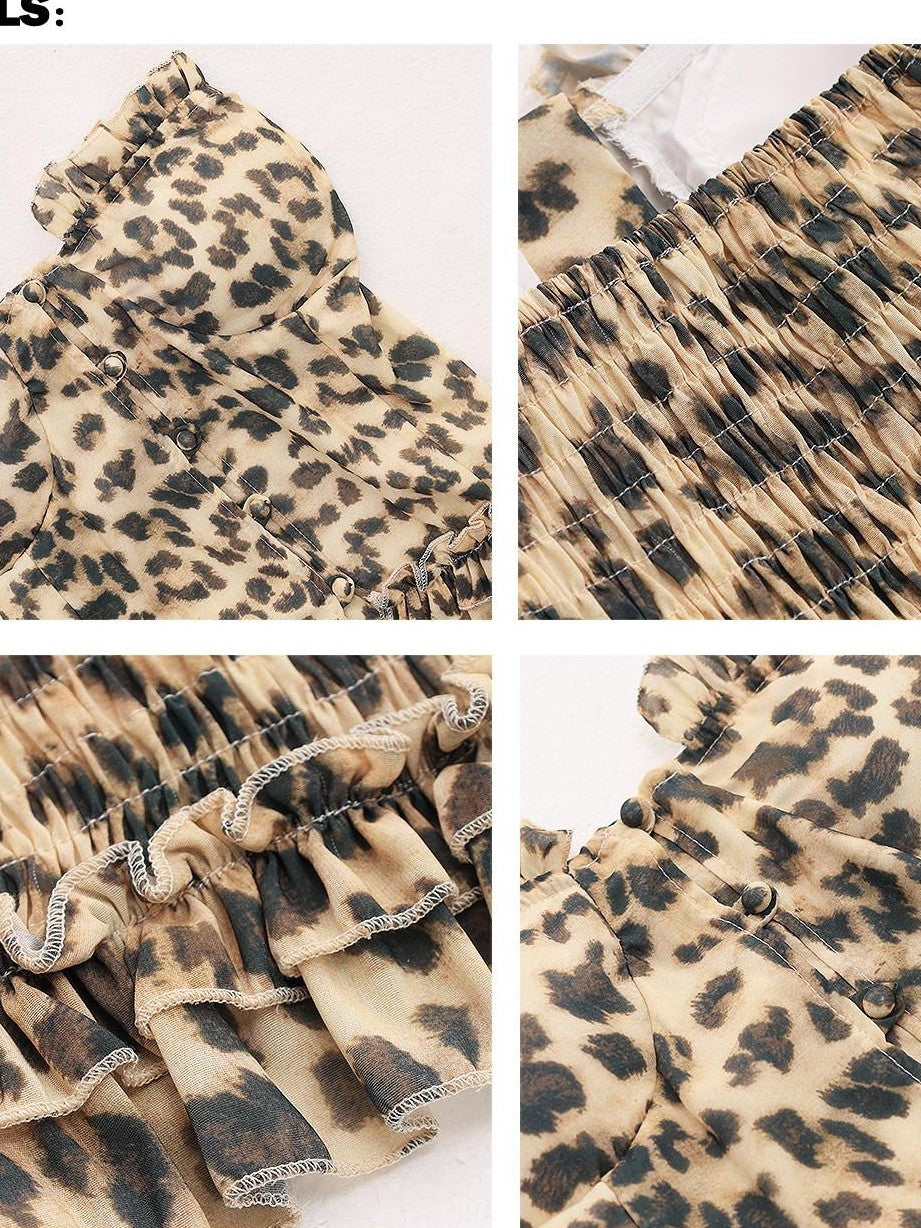 QIUQIU STUDIO Leopard Print Off Shoulder Ribbon Tie Slim Fit Two Piece Women&