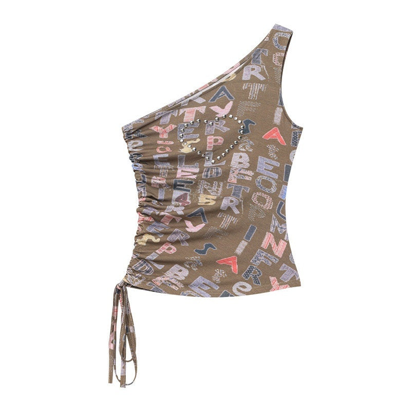 QIUQIU_STUDIO_Letter_Print_Asymmetric_Shoulder_Slim_Fit_Women&