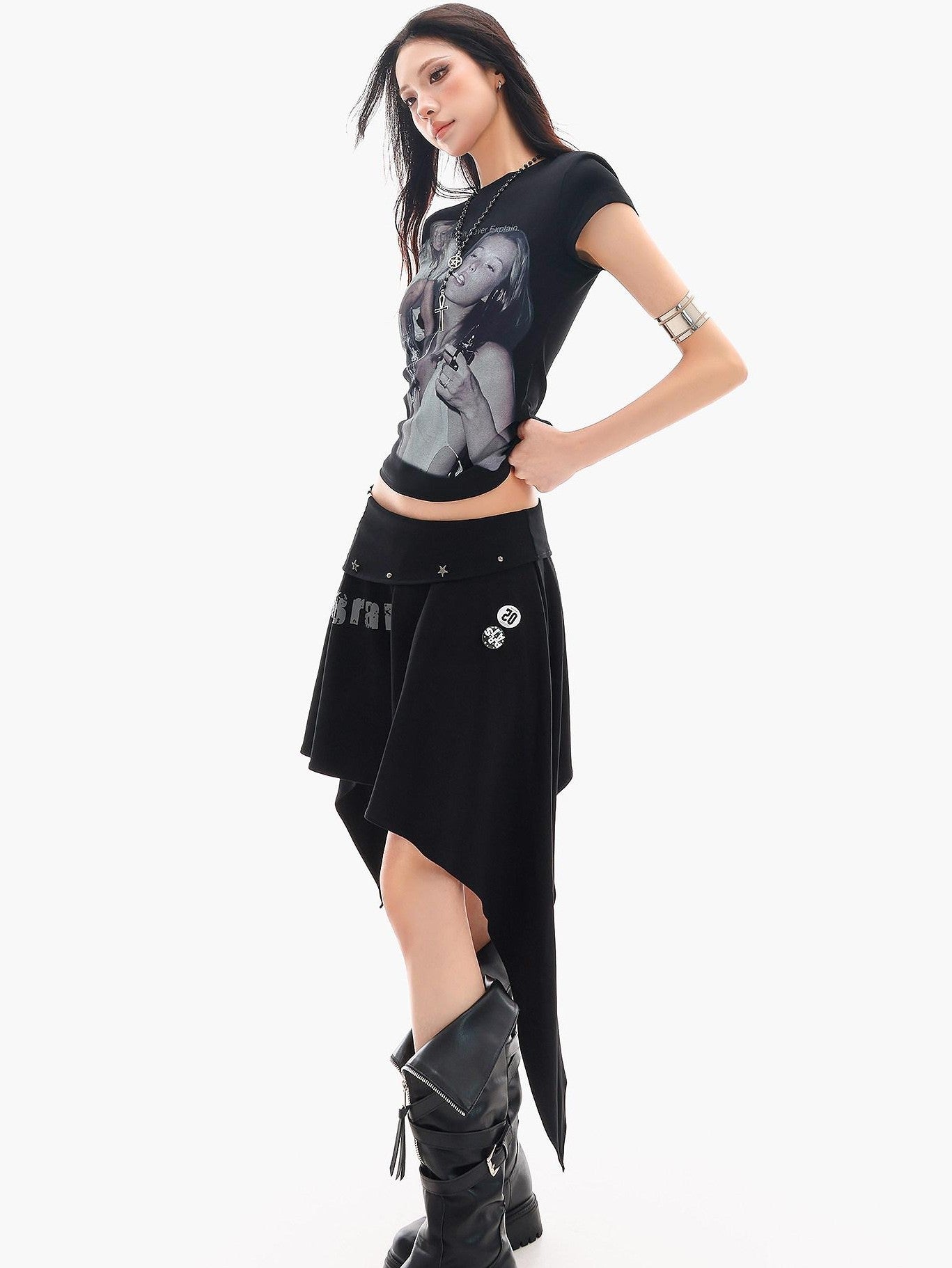 QIUQIU STUDIO Letter Print Asymmetrical Irregular Hem Women&