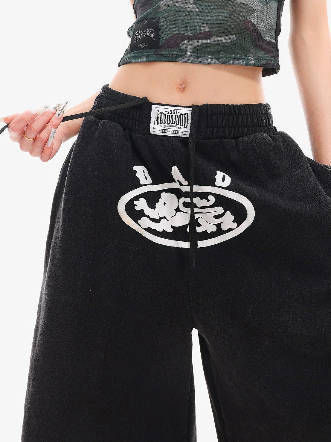 QIUQIU STUDIO Letter Print Drawstring Elastic Waist Pocket Wide Leg Women&