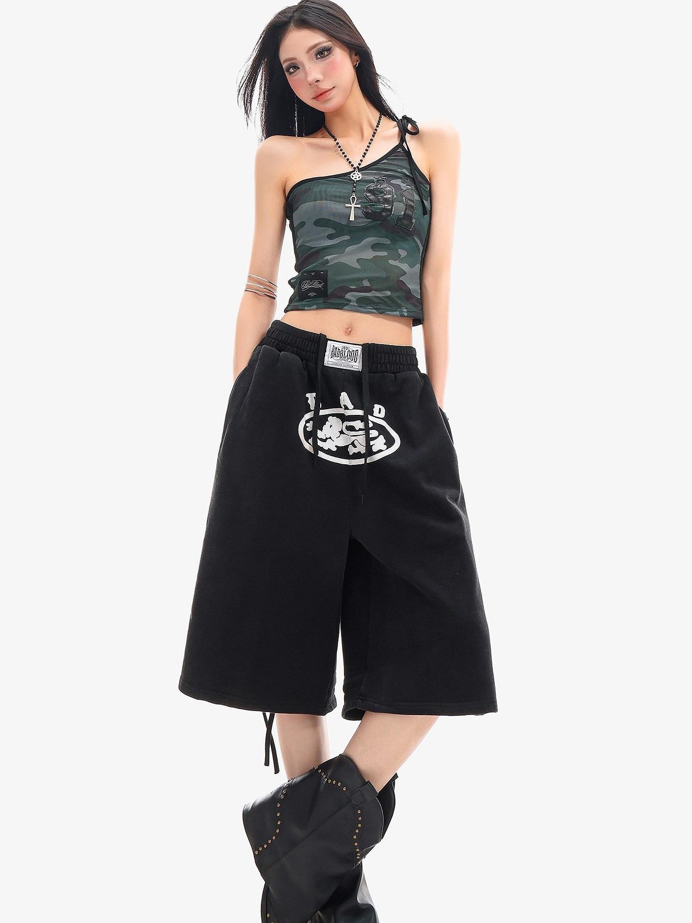 QIUQIU STUDIO Letter Print Drawstring Elastic Waist Pocket Wide Leg Women&