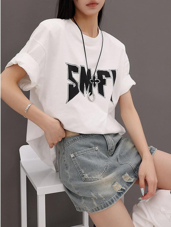 QIUQIU STUDIO Letter Print Round Neck Dropped Shoulder Short Sleeve Women&