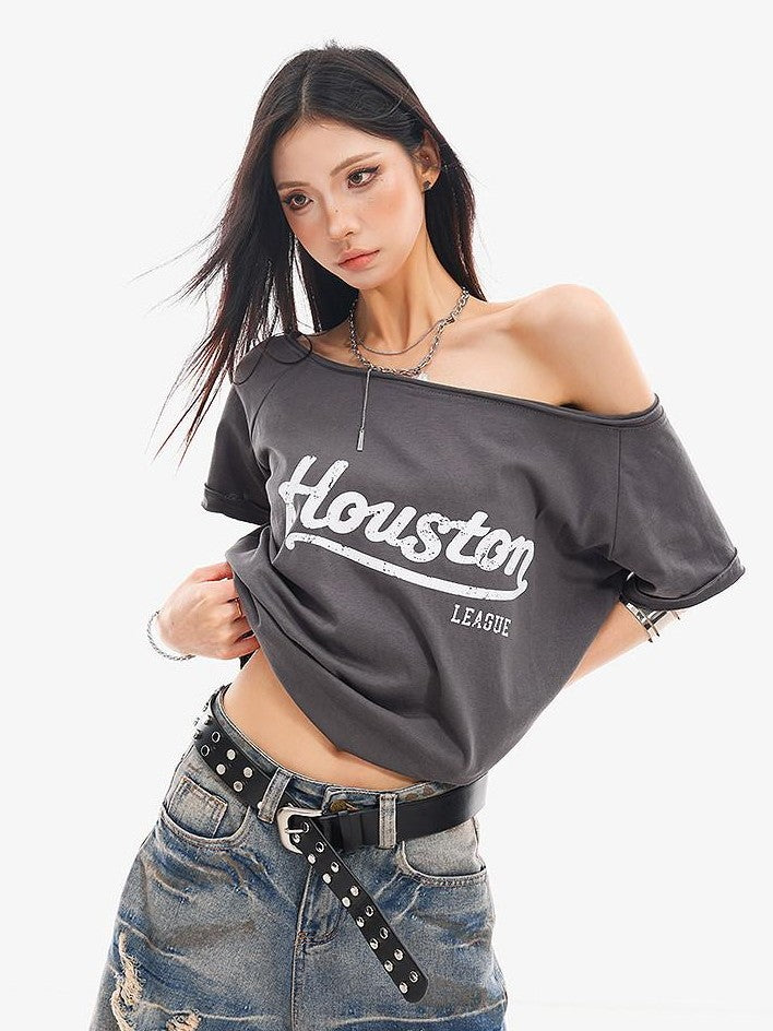 QIUQIU STUDIO Letter Print Slanted Neck Slim Waist Hot Girl Women&