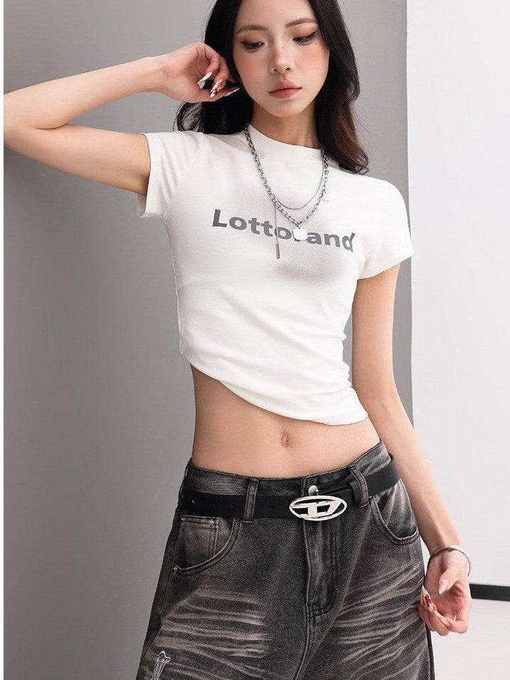 QIUQIU STUDIO Letter Print Slim Fit Crew Neck Cinched Waist Short Sleeve Women&