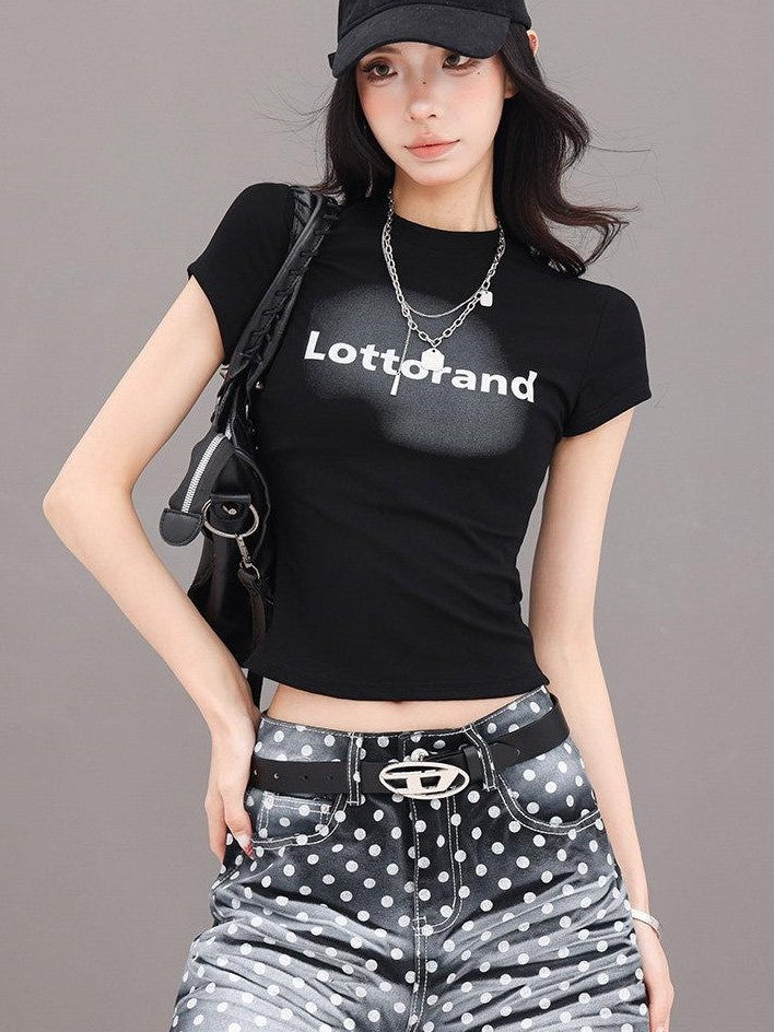 QIUQIU STUDIO Letter Print Slim Fit Crew Neck Cinched Waist Short Sleeve Women&