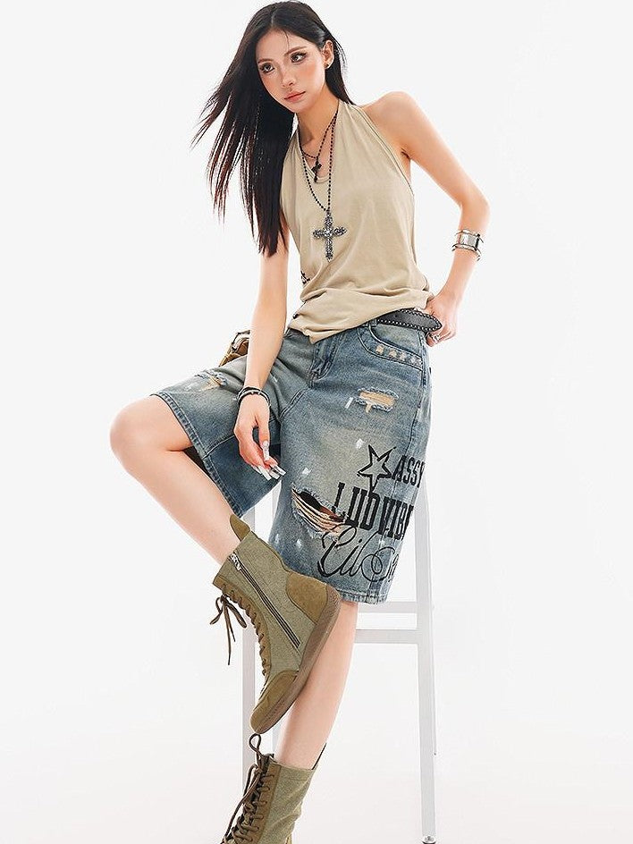 QIUQIU STUDIO Letter Print V-neck Backless Fitted Sexy Women&