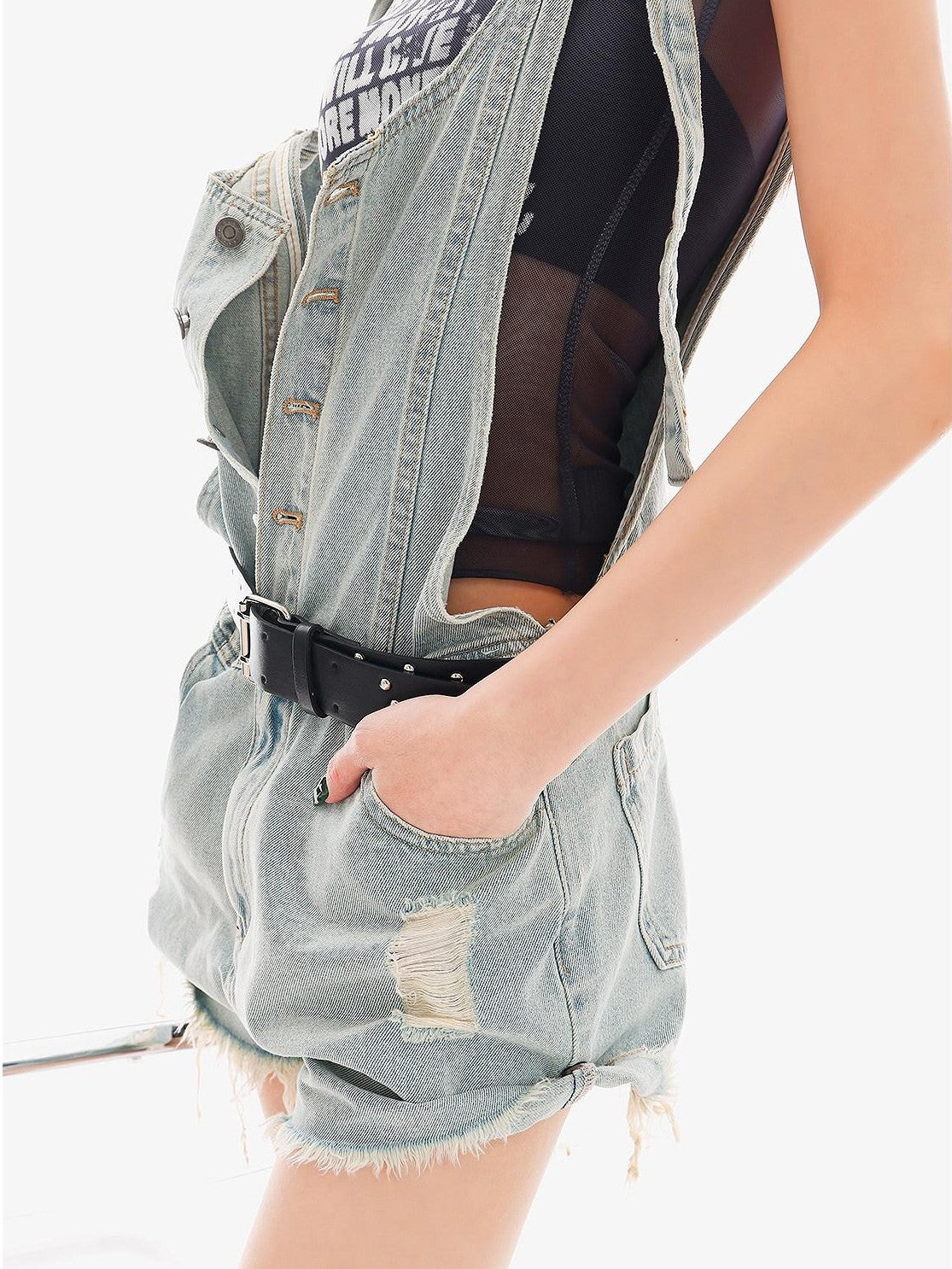QIUQIU STUDIO Light Blue Distressed Fringe Suspender Pocket Wide Leg Women&
